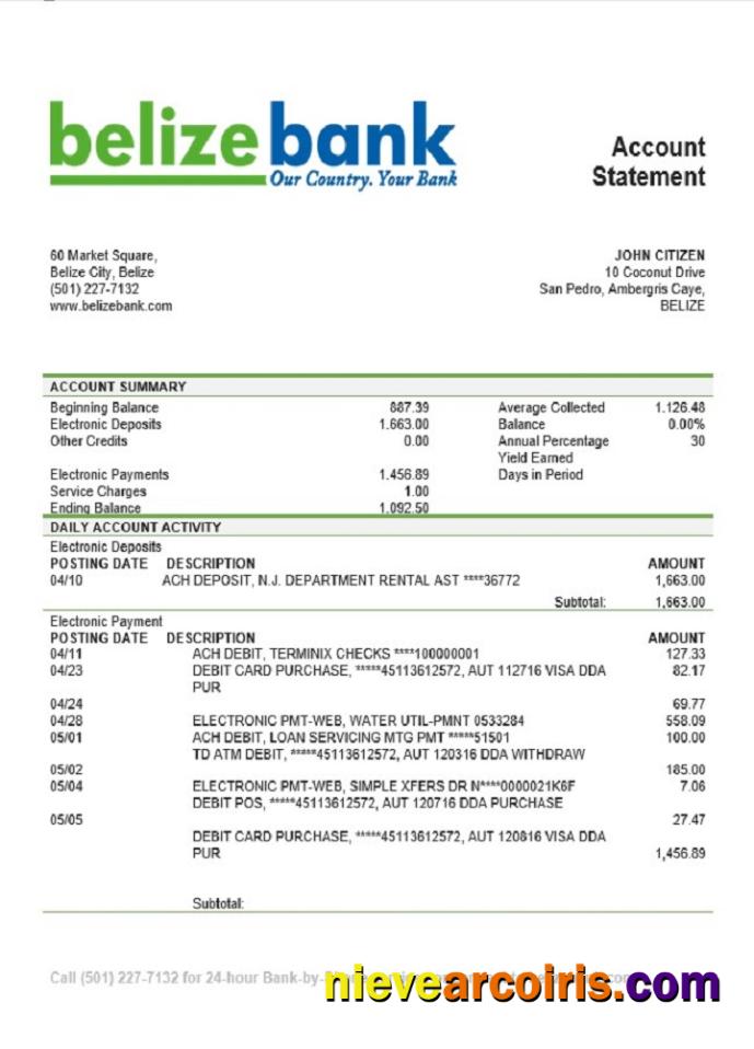 Belize Belizebank bank statement